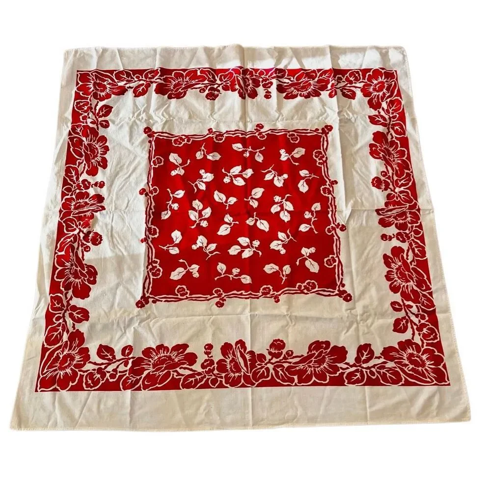 Vintage Springmaid Red and White Flowered Tablecloth See Details